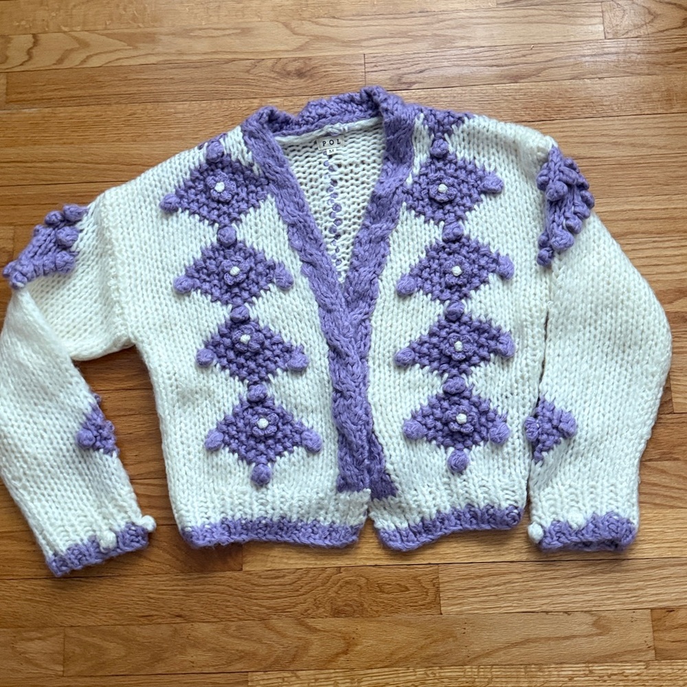 LUXE By POL Clothing Ivory Lavender Acrylic Cardigan with Pom Pom Floral Accent - Picture 3 of 4